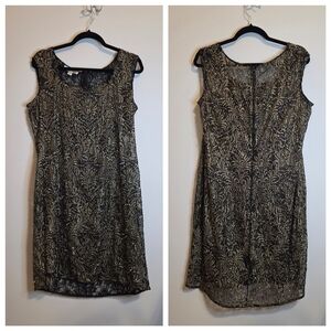 Kay Unger Black and Gold Patterned Mini Dress.